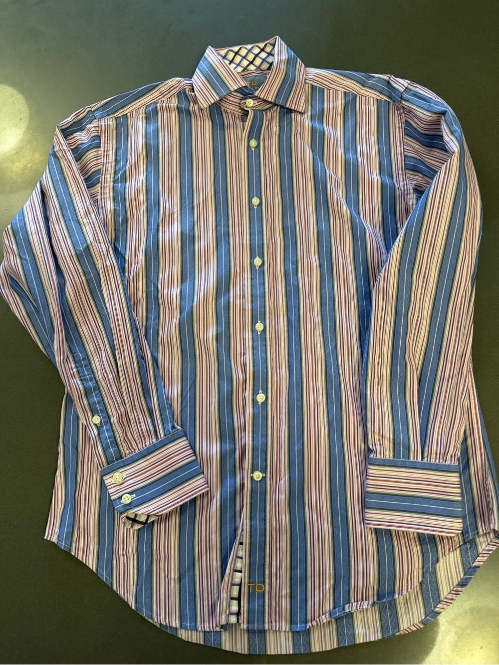 Thomas Dean Men's Blue and Pink Striped Dress Shirt